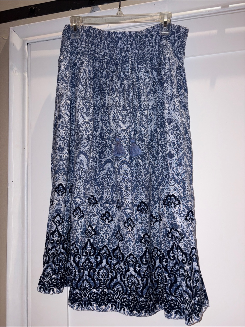 J. Jill Blue Patterned Smocked Midi Skirt with Tassel Tie